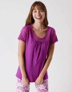 Pyjama Imprimé Avec Broderie Anglaise - Manches Courtes -Lingerie Séries Magasin 703058 C01 zoomx vue3