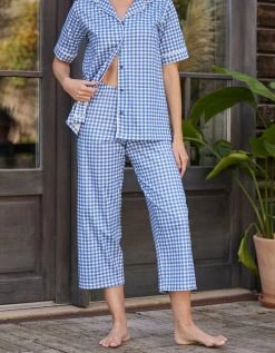 Pyjama Pantalon Court Imprimé Carreaux - Col Tailleur -Lingerie Séries Magasin 703229 C01 zoomx vue3