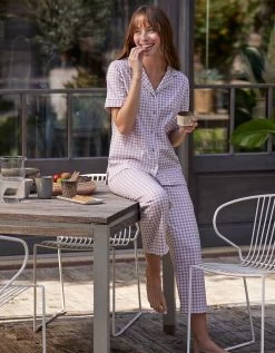 Pyjama Pantalon Court Imprimé Carreaux - Col Tailleur