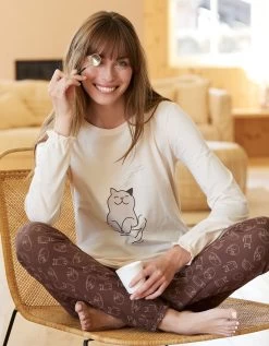 Pyjama Motif "chat" Manches Longues Volantées