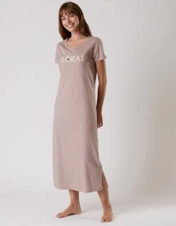 Chemise De Nuit Longue Manches Courtes En Coton Motif "Floral"